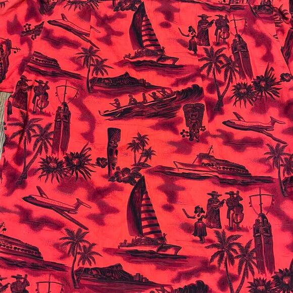 Vintage 1960s Loop Collar Hawaiian Camp Shirt L Gold Buttons Made In Hawaii Red - Picture 7 of 9